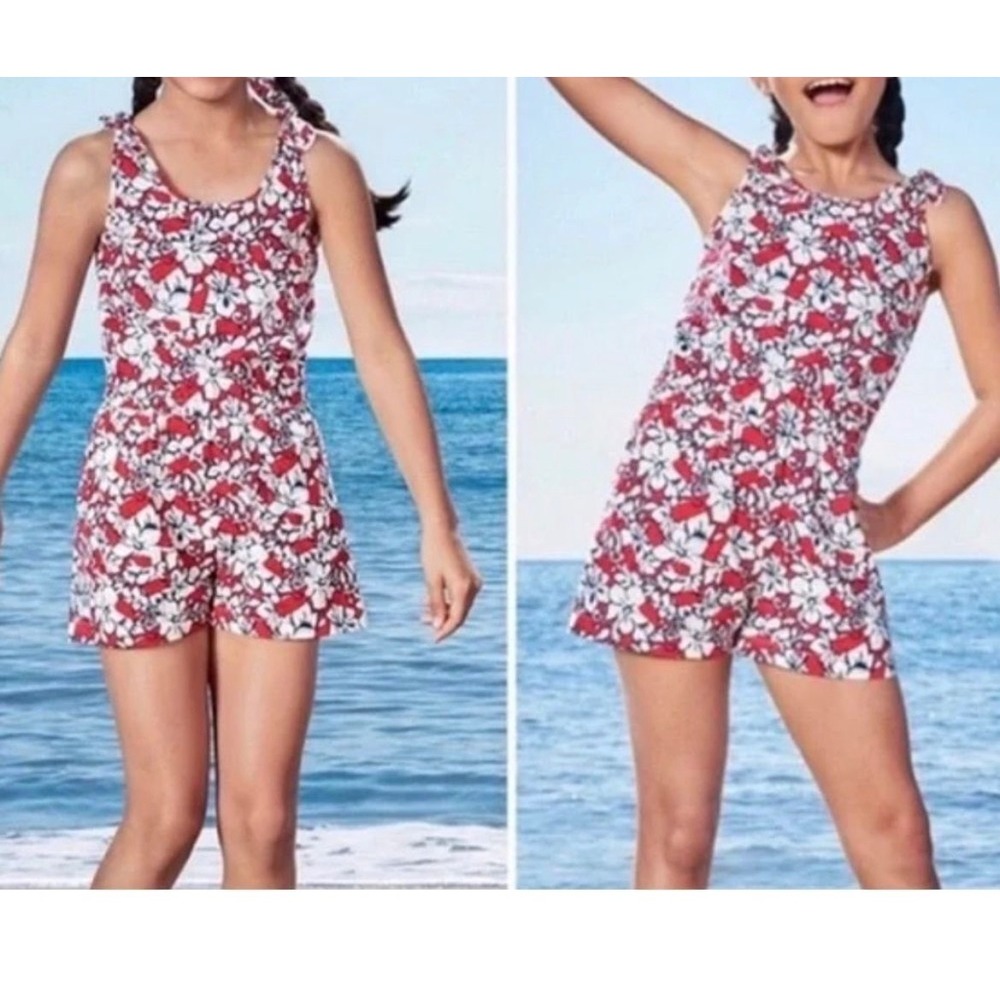 Vineyard Vines Target Girls Red White Hibiscus Whale Floral Romper XL 14/16